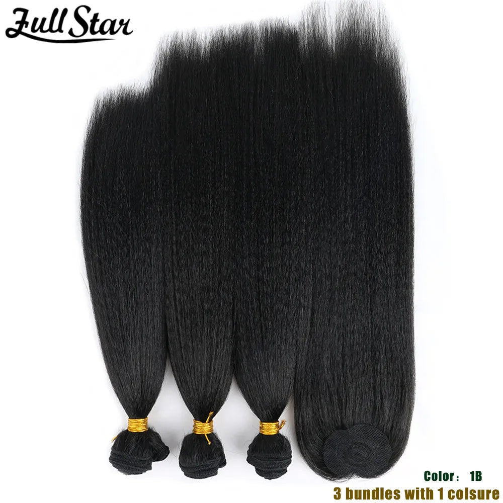 Yaki Straight Hair Bundle with Closure – Heat-Resistant Synthetic Weave Hair Extensions