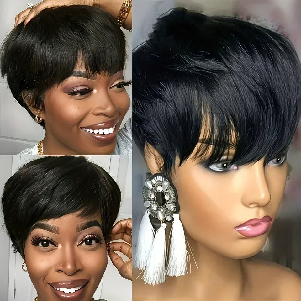 Pixie Cut Human Hair Wigs with Bangs