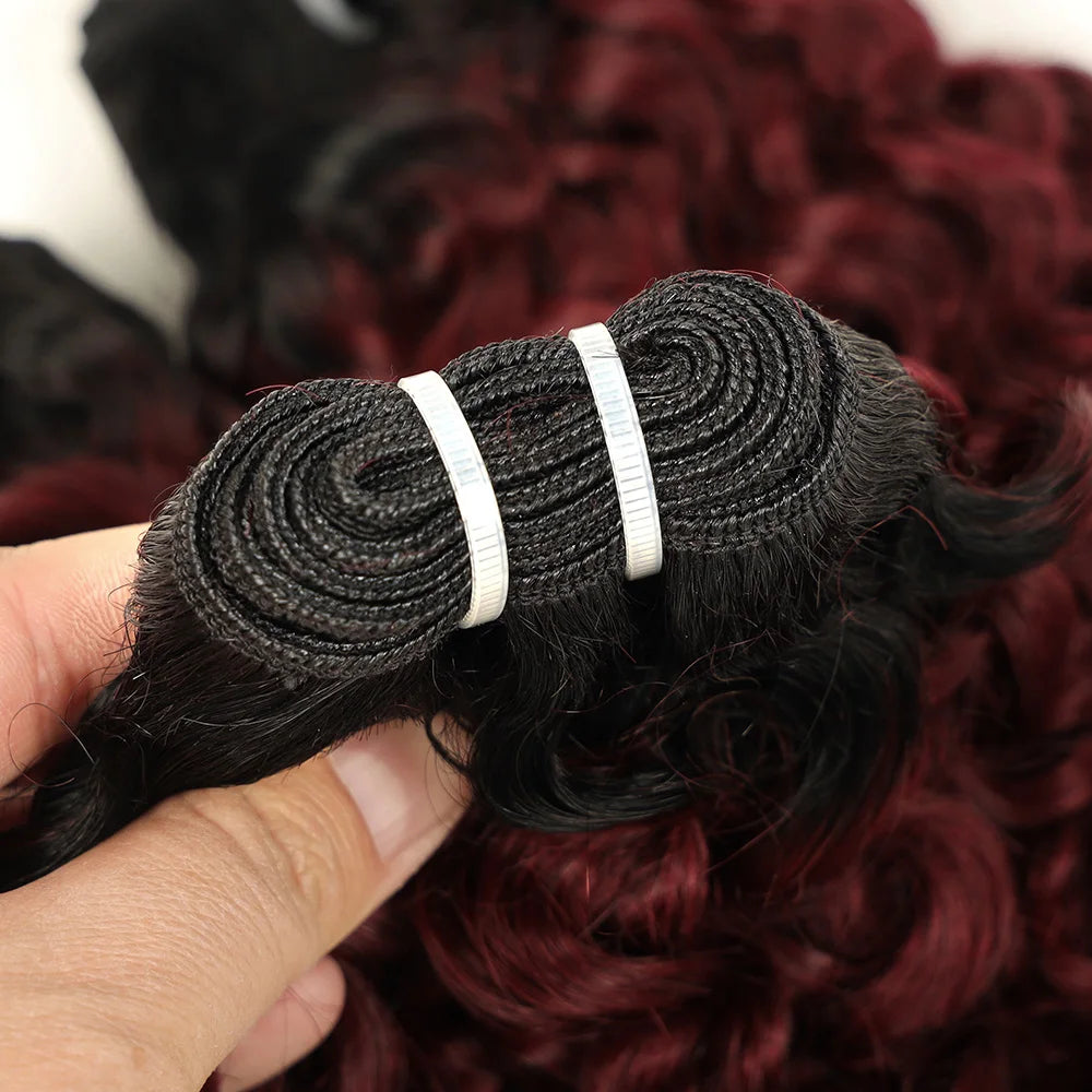 Kinky Curly Burgundy Bob Human Hair Bundles – Black Root Water Wave Sew-In Extensions