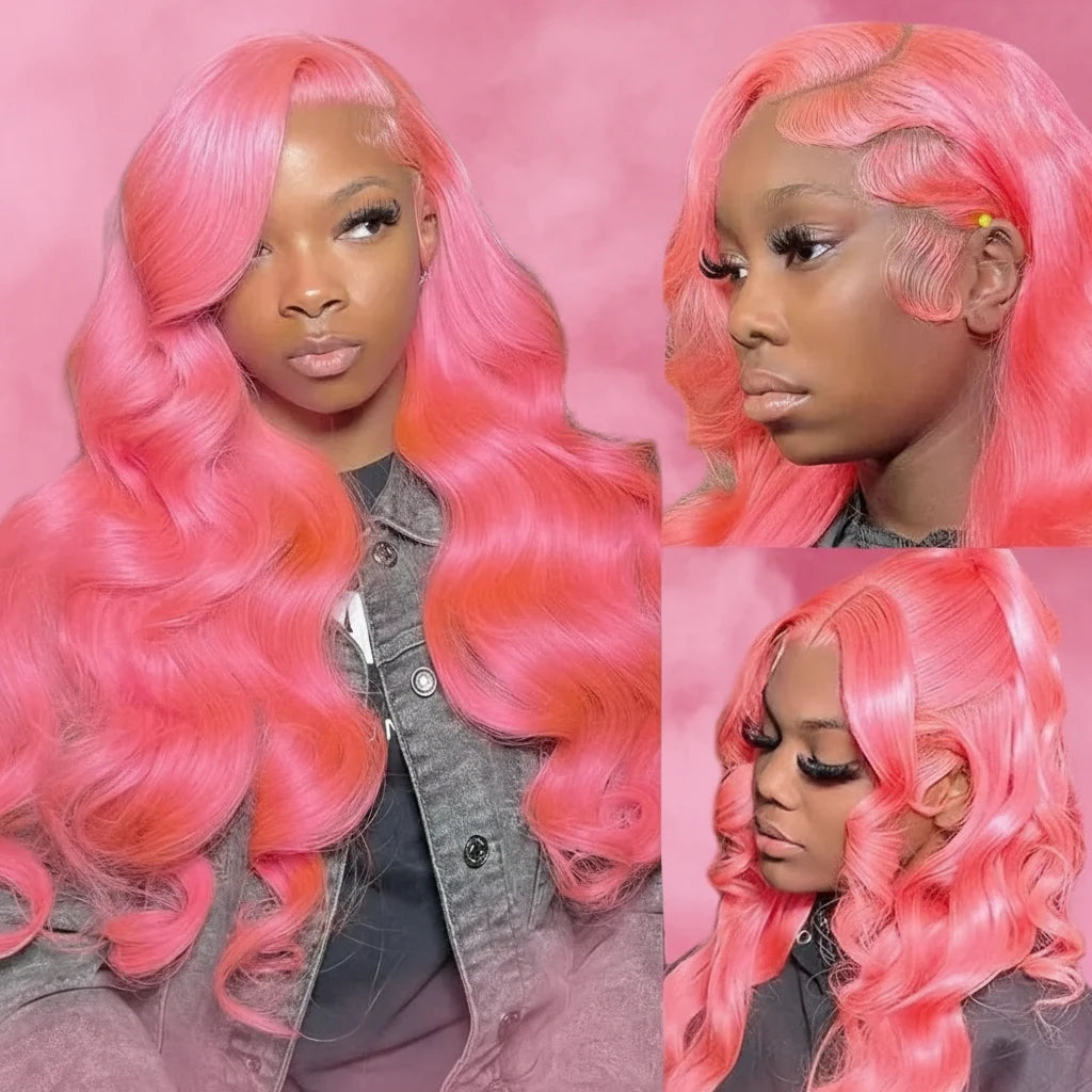 Light pink human hair lace front body wave wig by JNETTE CHANEL, showing the seamless lace front and soft, flowing waves.