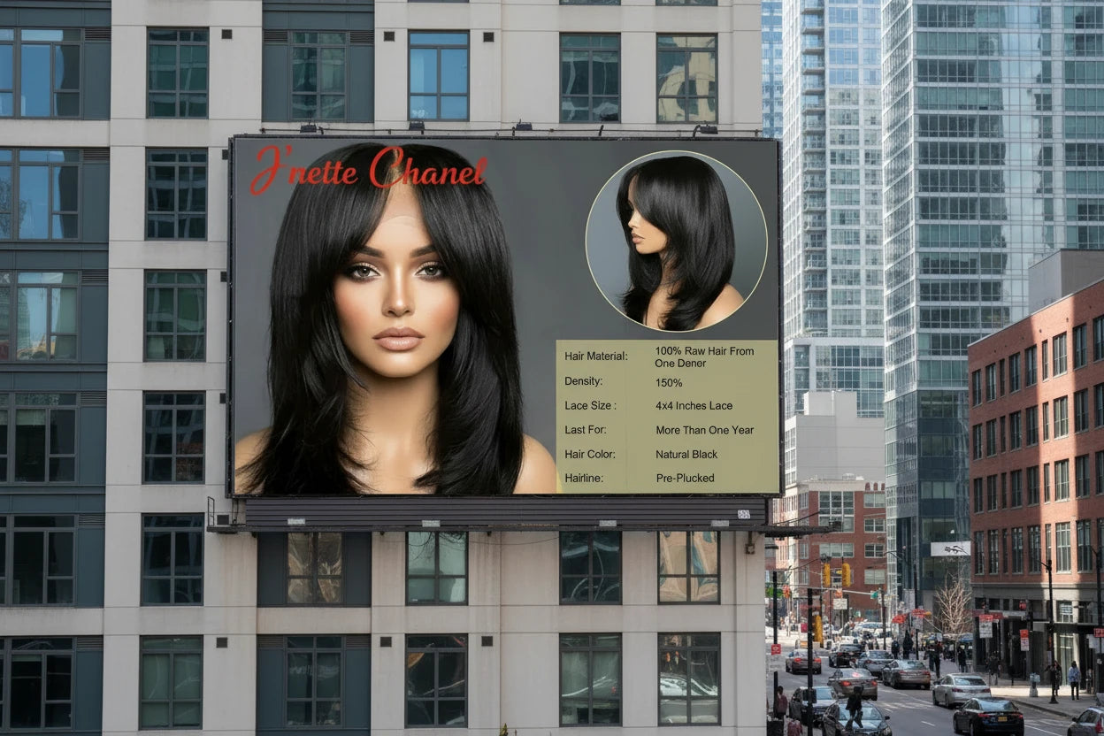 JNETTE CHANEL glueless layered bang human hair lace wig shown on a model with natural hair color and styled with layered bangs.