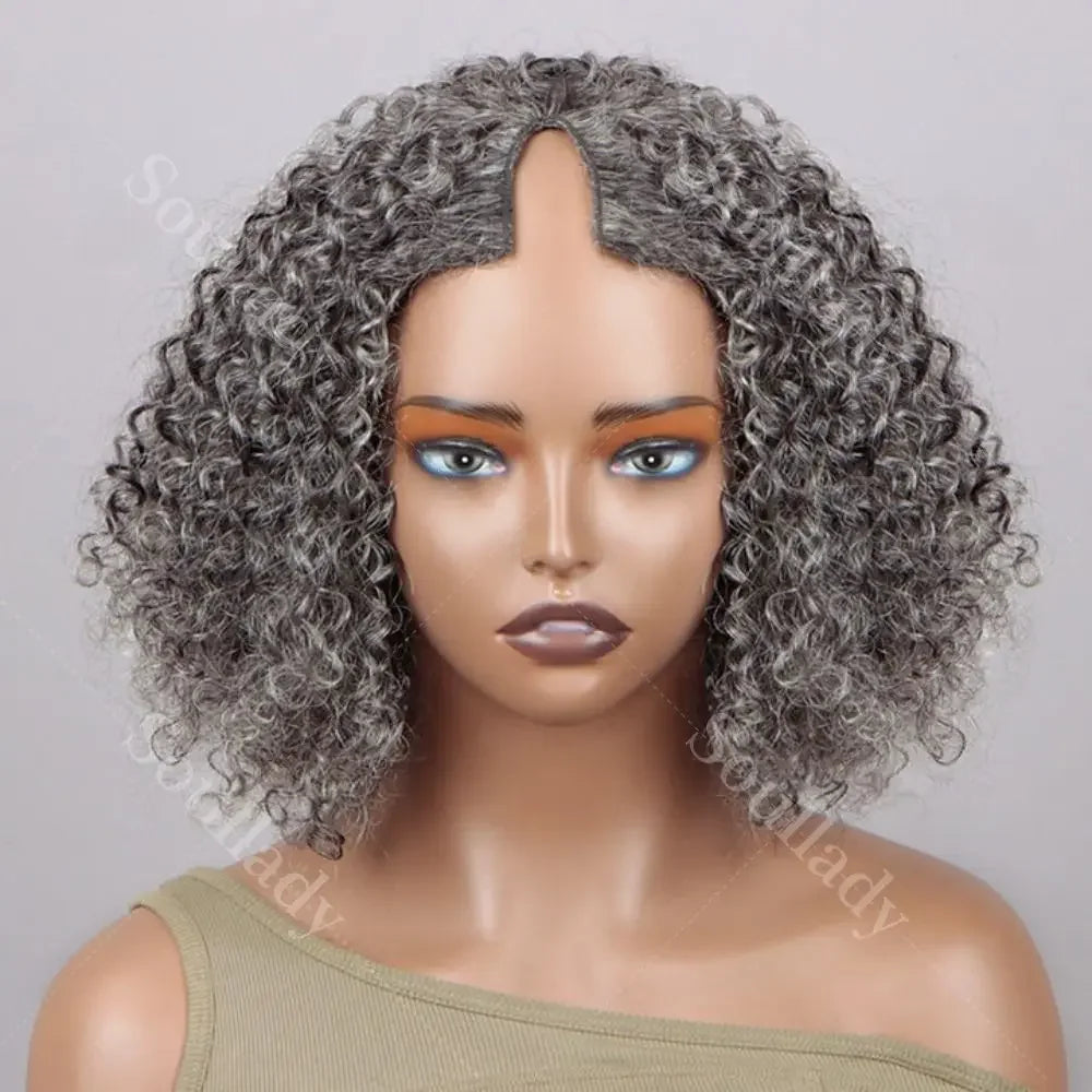 Glueless Silver Gray Kinky Curly V-Part  Human Hair Wigs