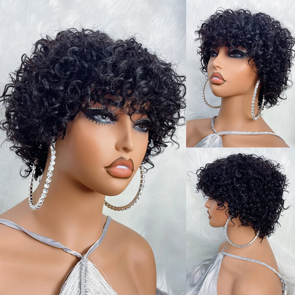 JNETTE CHANEL pixie cut glueless human hair wig with bangs, natural short hairstyle with layered bangs on a mannequin head