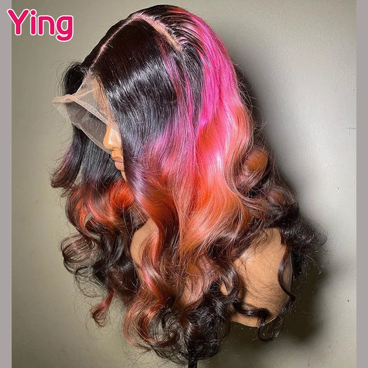 Lace Front Pre Pluck Brazilian Human Hair Body Wave Ombré Pink Orange  Wig