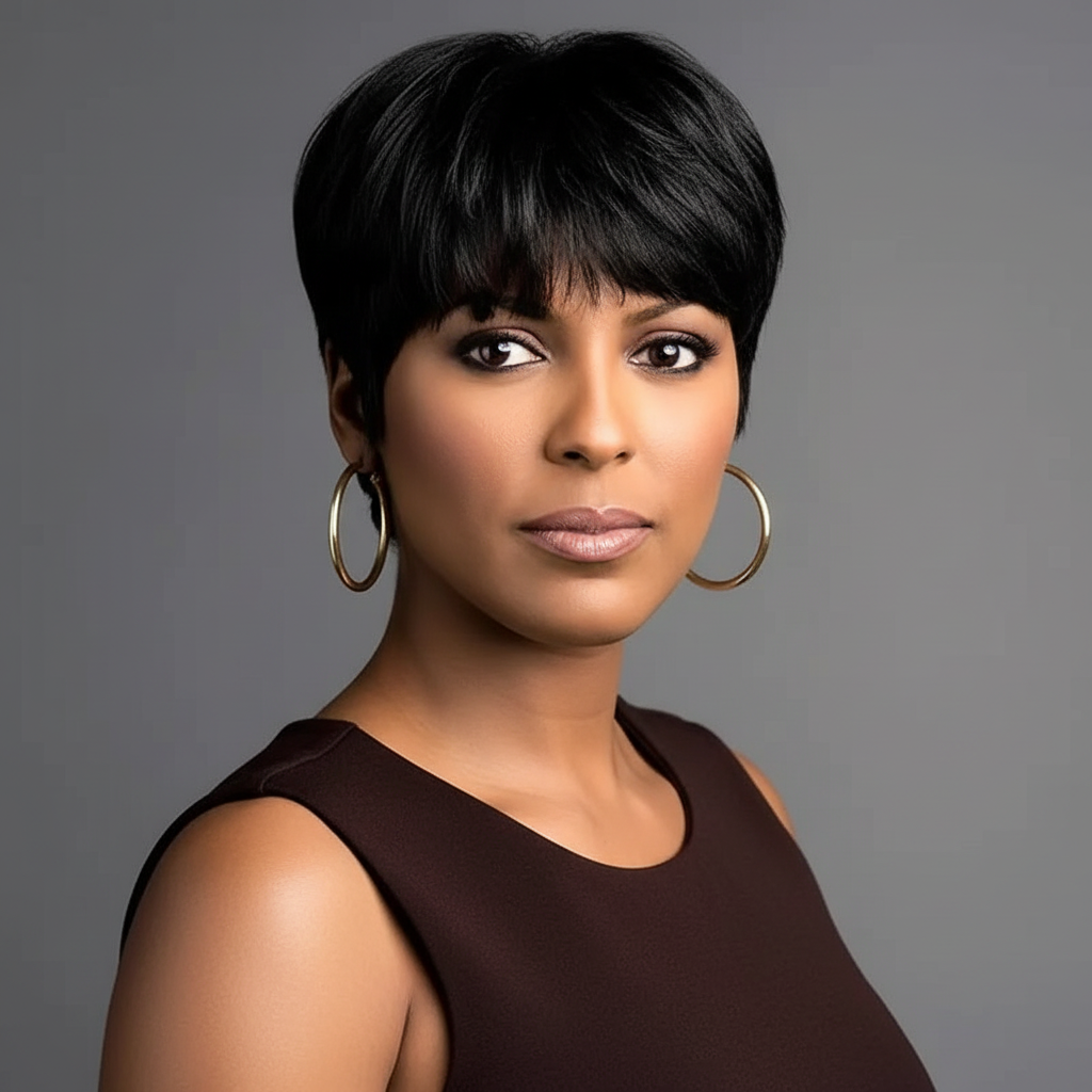 Brazilian human hair pixie cut wig with bangs by JNETTE CHANEL, showcasing natural lace wig style and textured hair details.