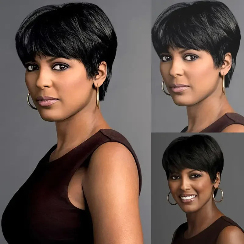 Brazilian human hair wig with bangs by JNETTE CHANEL, showcasing a stylish pixie cut lace wig with natural hair texture.