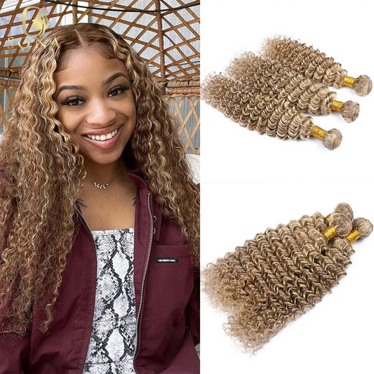 Honey Blonde Highlight Bundles Deep Curly Human Remy Hair Weave