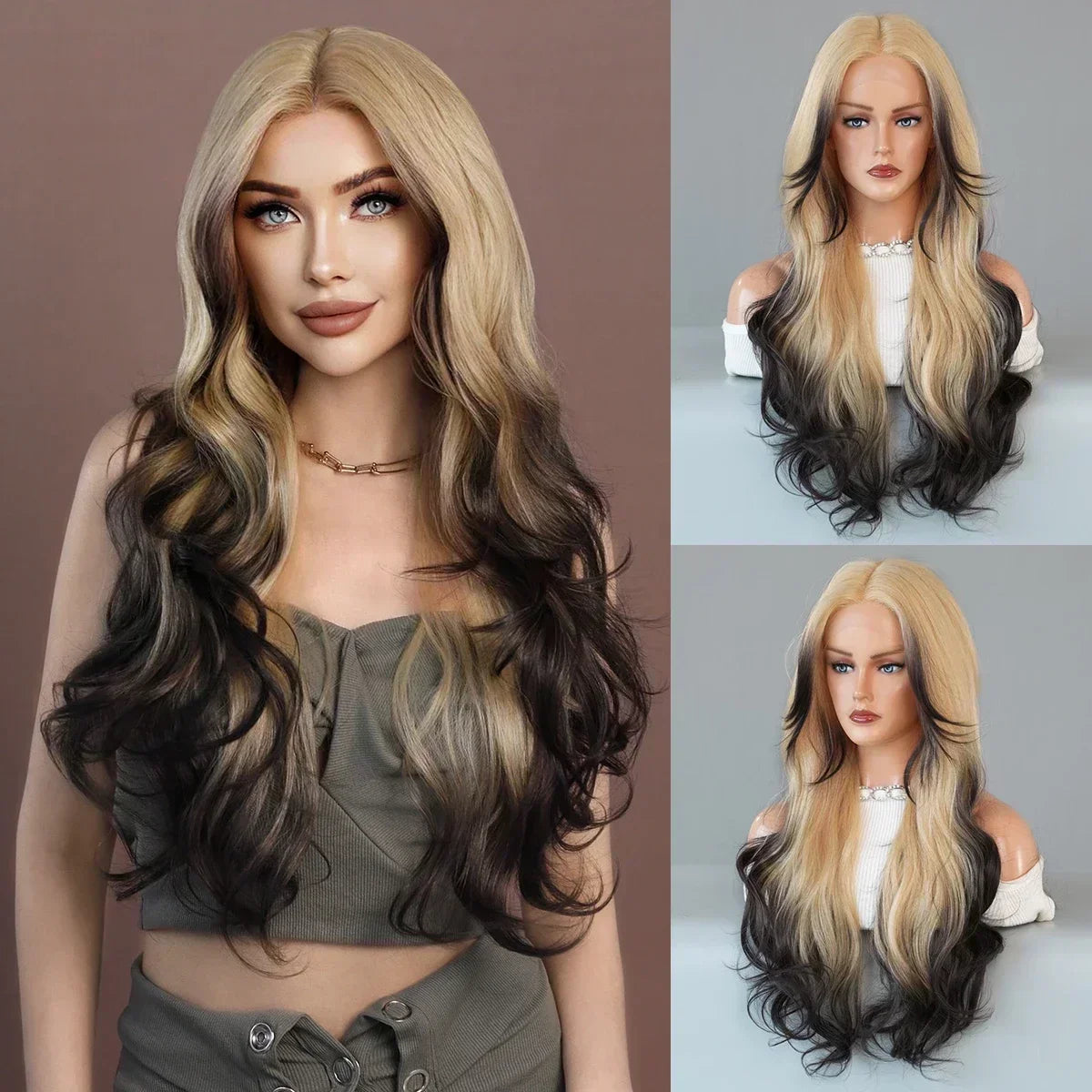 Synthetic Heat Resistant Lace Front HD Transparent Ombre  Body Wavy  with Bangs Wigs