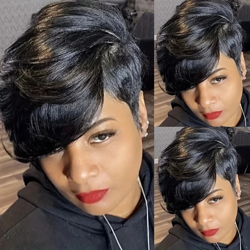 JNETTE CHANEL pixie cut human hair lace wig showcasing short, stylish, natural-looking hair in a close-up view.