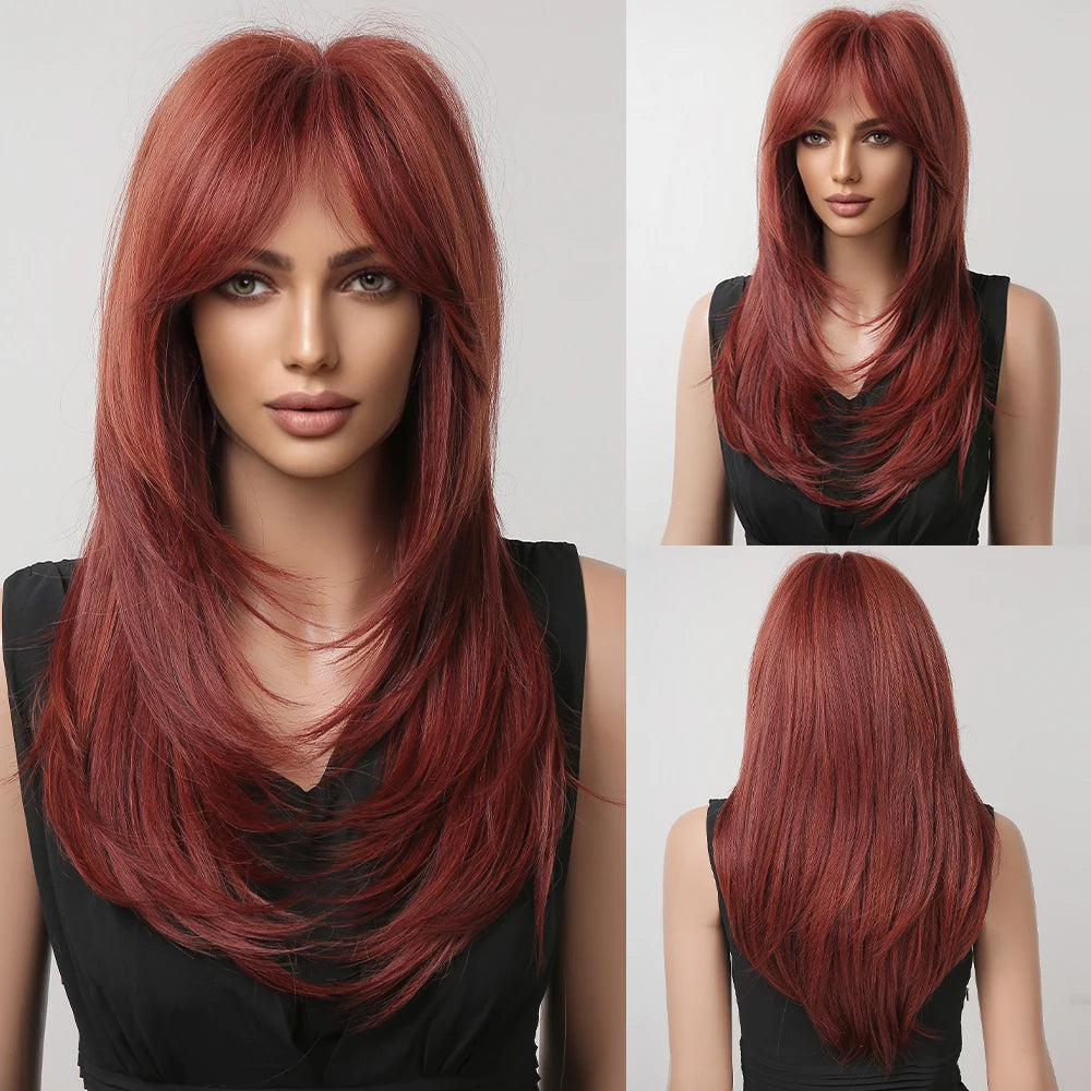 Synthetic Heat Resistant Ombré Layered Straight with Bangs Wigs
