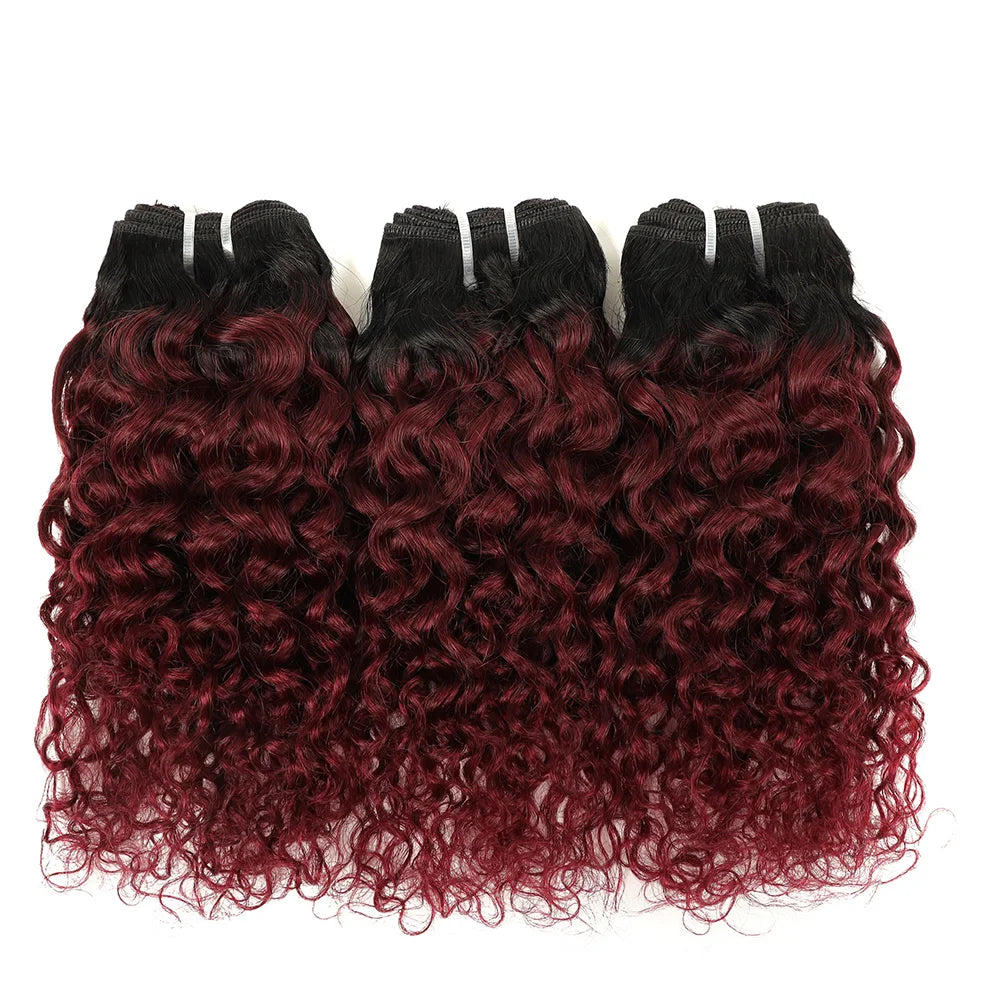 Kinky Curly Burgundy Bob Human Hair Bundles – Black Root Water Wave Sew-In Extensions