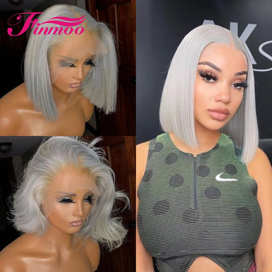 Lace Front Transparent Grey Bob Human Hair Wig