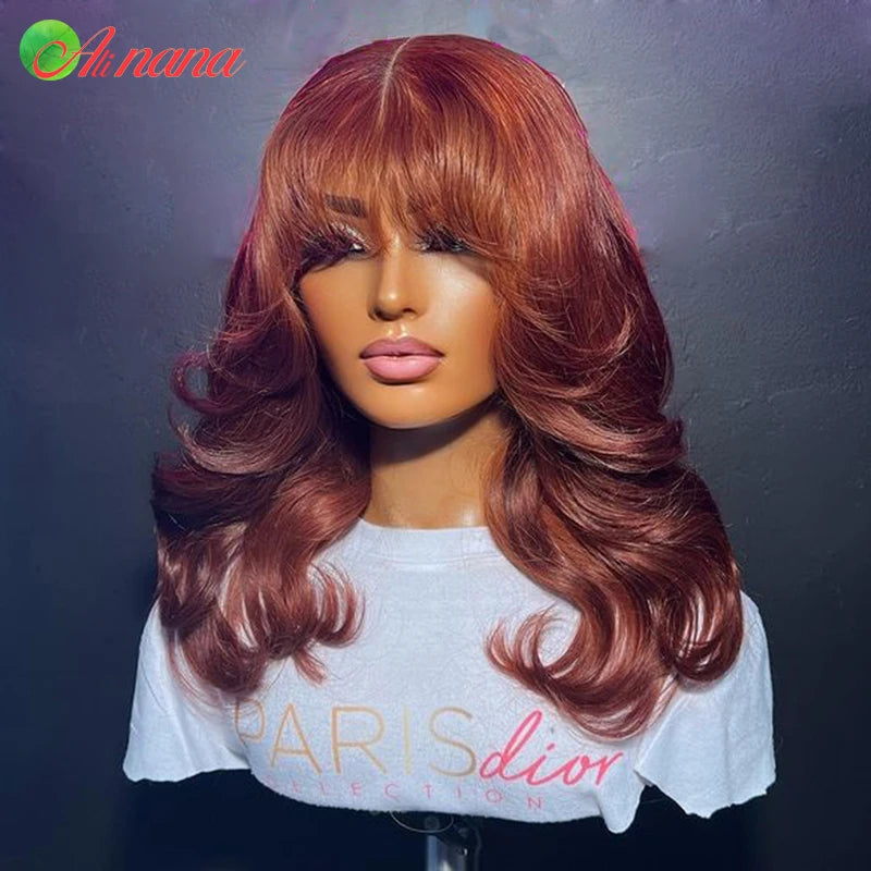 Brazilian Remy human hair lace front body wave wig with bangs by JNETTE CHANEL, showcasing natural waves and layered bangs.