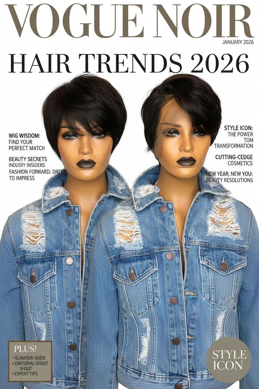Pixie cut transparent lace front Brazilian human hair wig by JNETTE CHANEL, showcasing natural hair texture and lace front design.