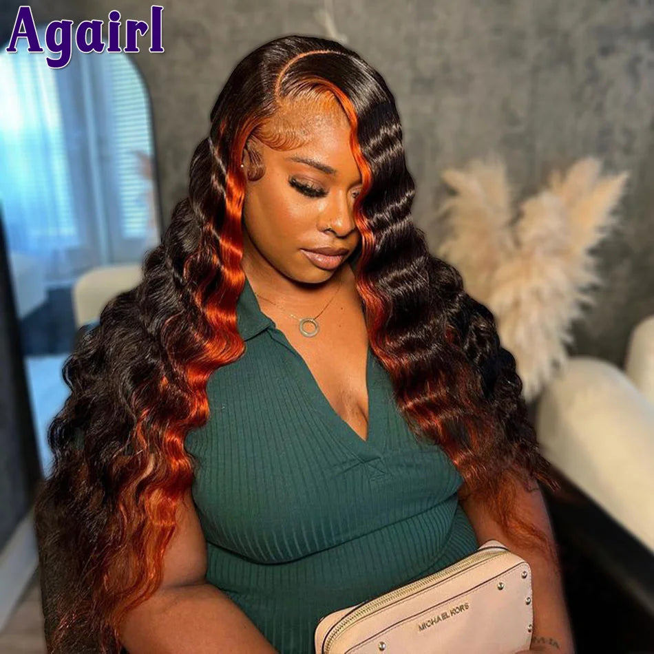 Lace Front Pre-Plucked Loose Deep Wave Orange Black Highlight Human Hair Wig