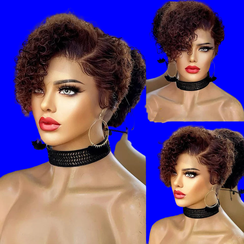JNETTE CHANEL short curly bob wig with lace front and preplucked hairline, made of natural Peruvian human hair.