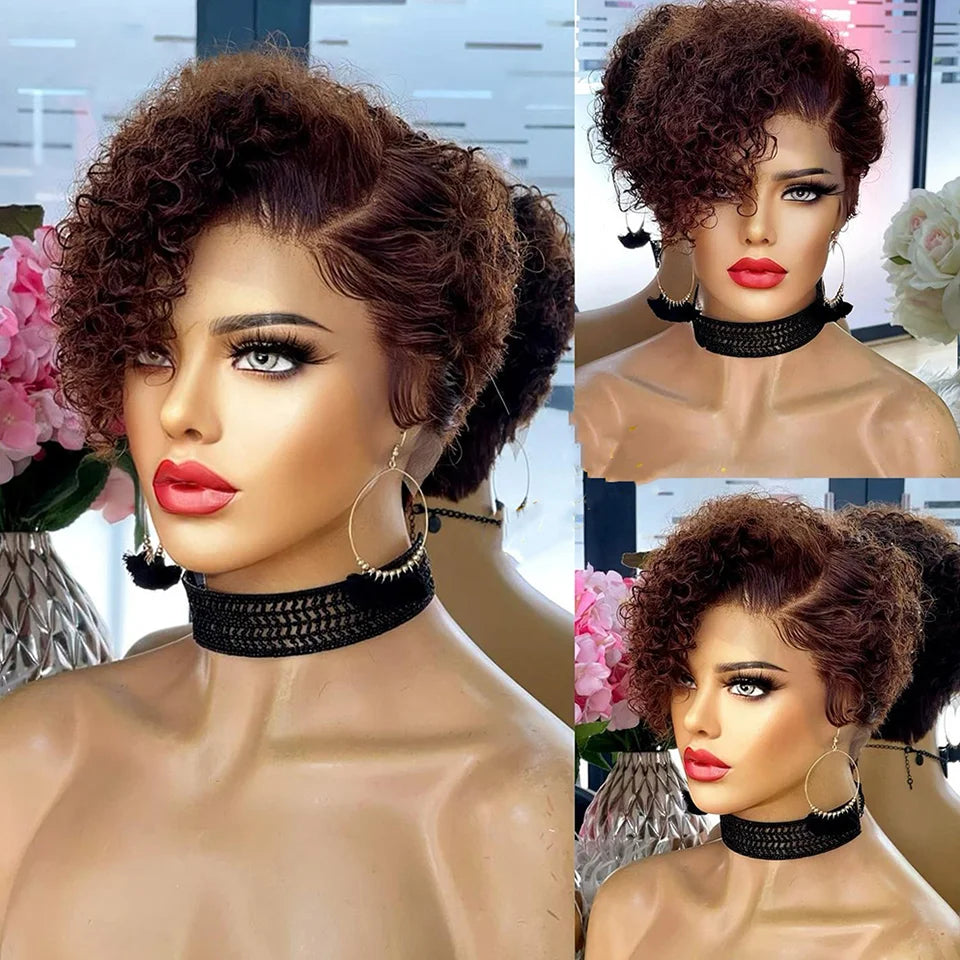 JNETTE CHANEL pixie cut lace front wig with preplucked hairline, short curly bob made of natural Peruvian human hair.