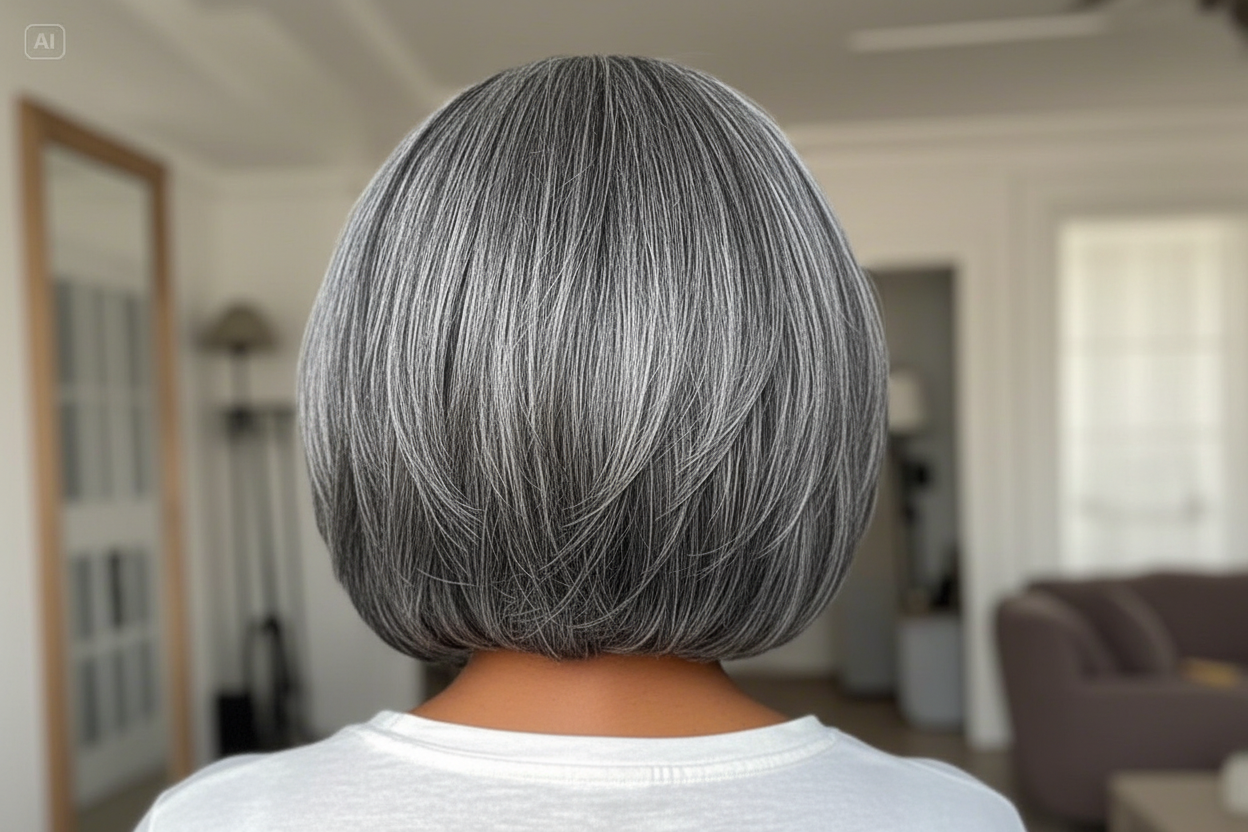 JNETTE CHANEL glueless lace front straight bob salt and pepper human hair wig, natural hairline and sleek hairstyle.
