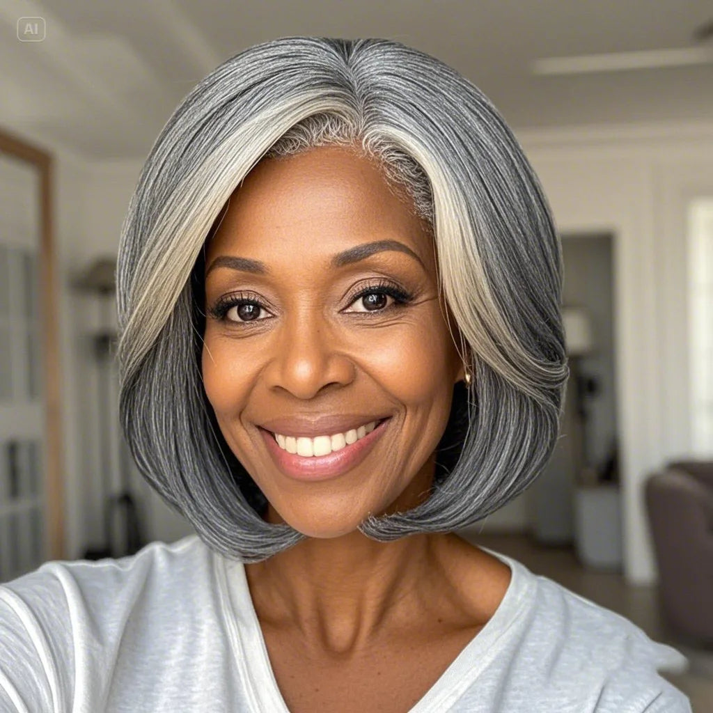 JNETTE CHANEL salt and pepper straight lace front human hair wig with glueless design and natural straight bob style.