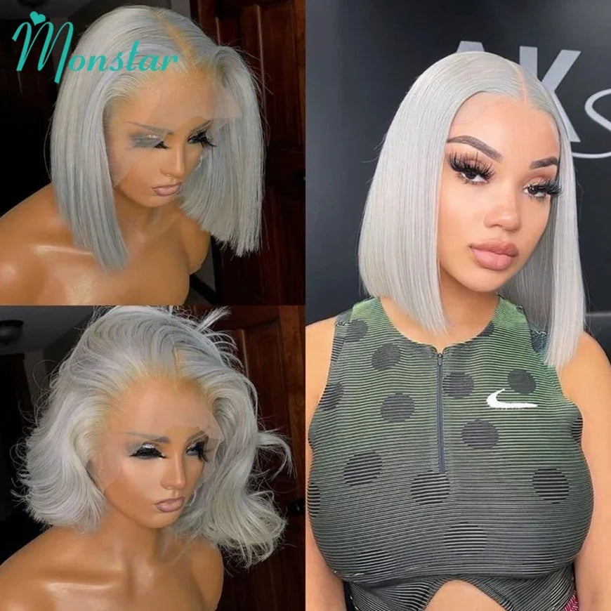 Lace Front Grey Short Bob Brazilian Human Remy Hair Transparent  Wig