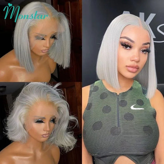 Lace Front Grey Short Bob Brazilian Human Remy Hair Transparent  Wig