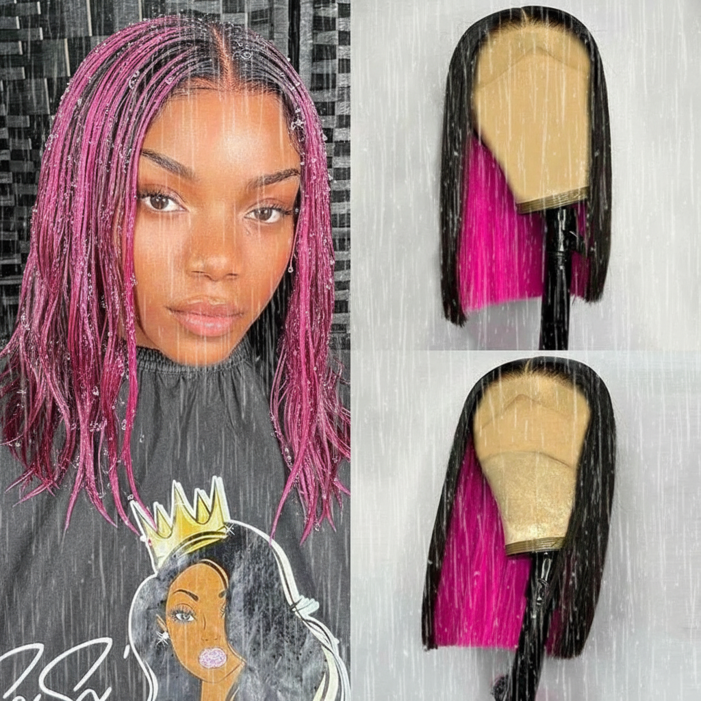 Synthetic  Heat Resistance Lace Front Black/Pink Highlight Short Bob Wigs