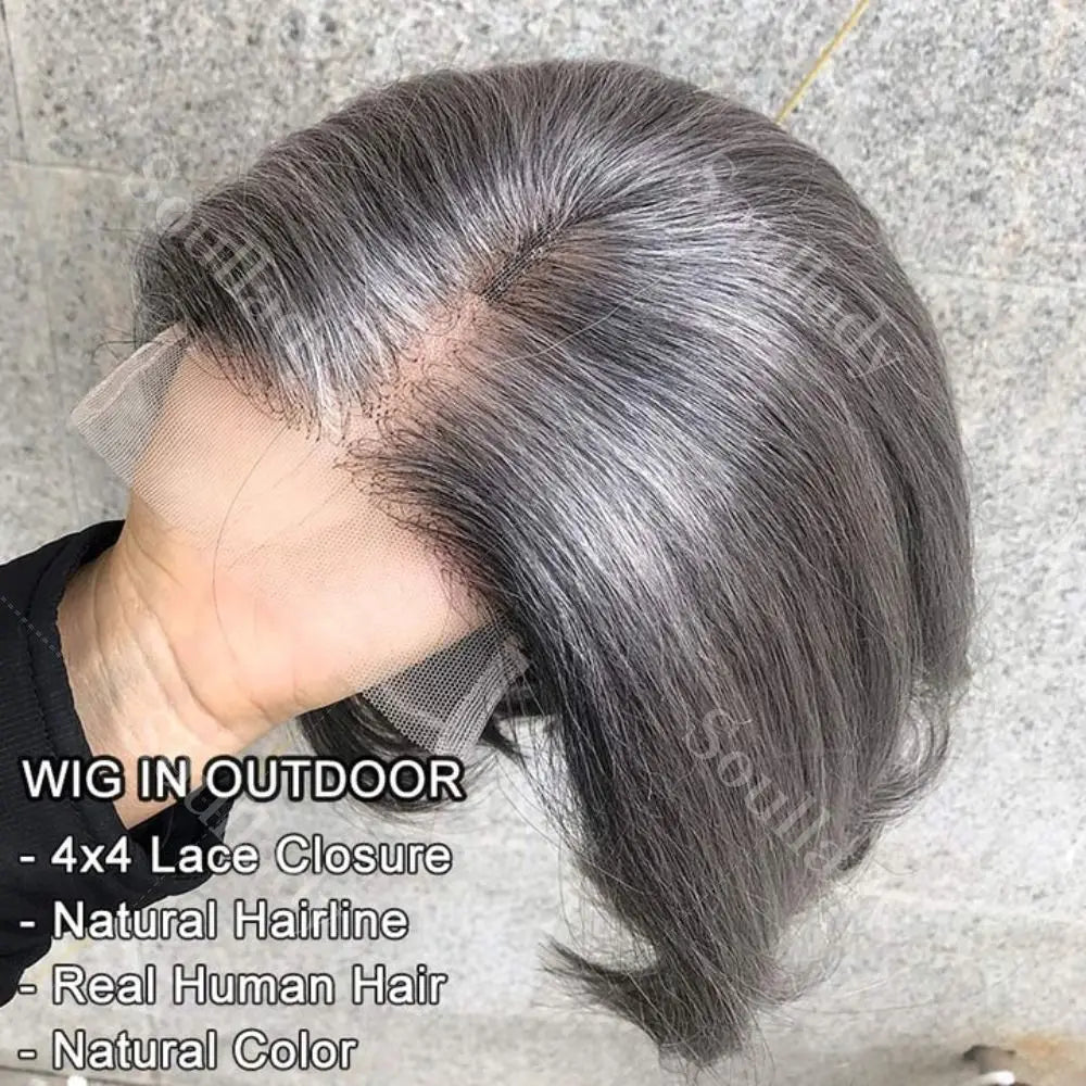 JNETTE CHANEL glueless lace front straight bob salt and pepper human hair wig, close-up showing hair texture and lace front detail.