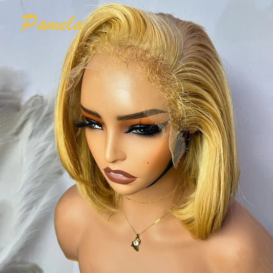 Glueless Lace Front Transparent Yellow Short Bob  Human Hair Wigs