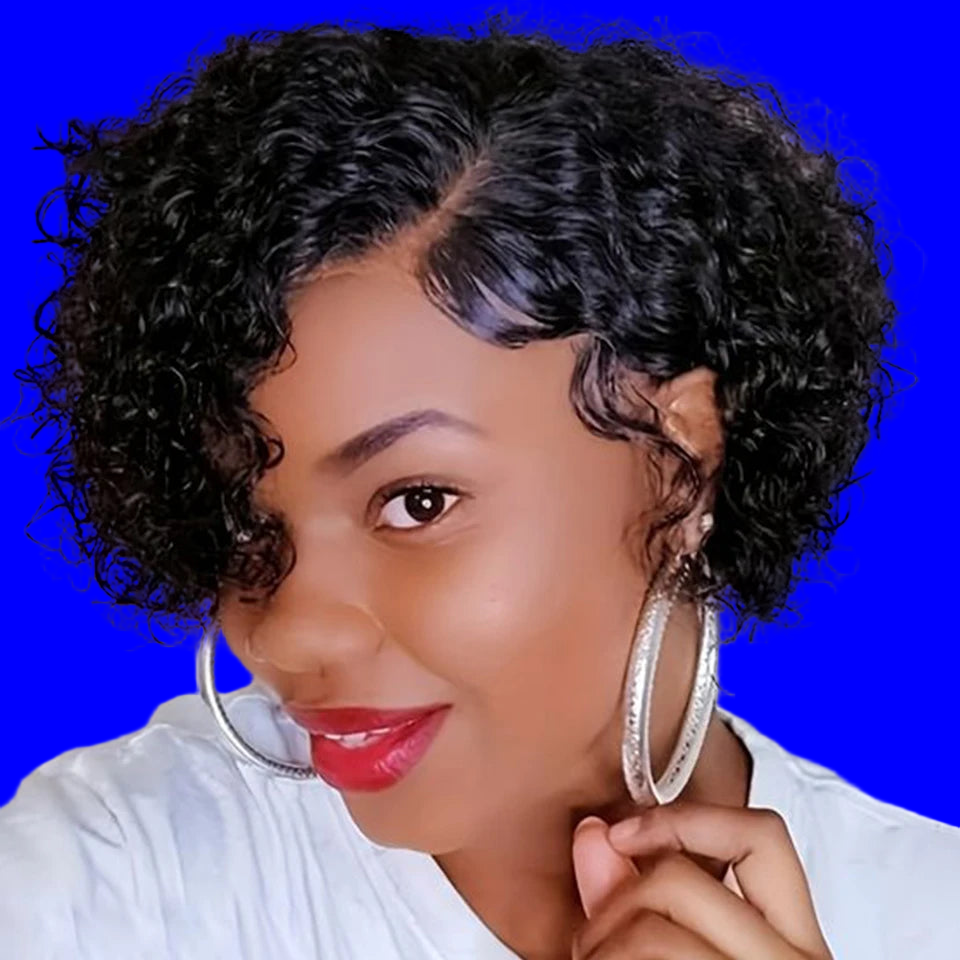 JNETTE CHANEL short curly pixie cut lace front wig with preplucked hairline, made of human Peruvian hair, showcases natural curl pattern.