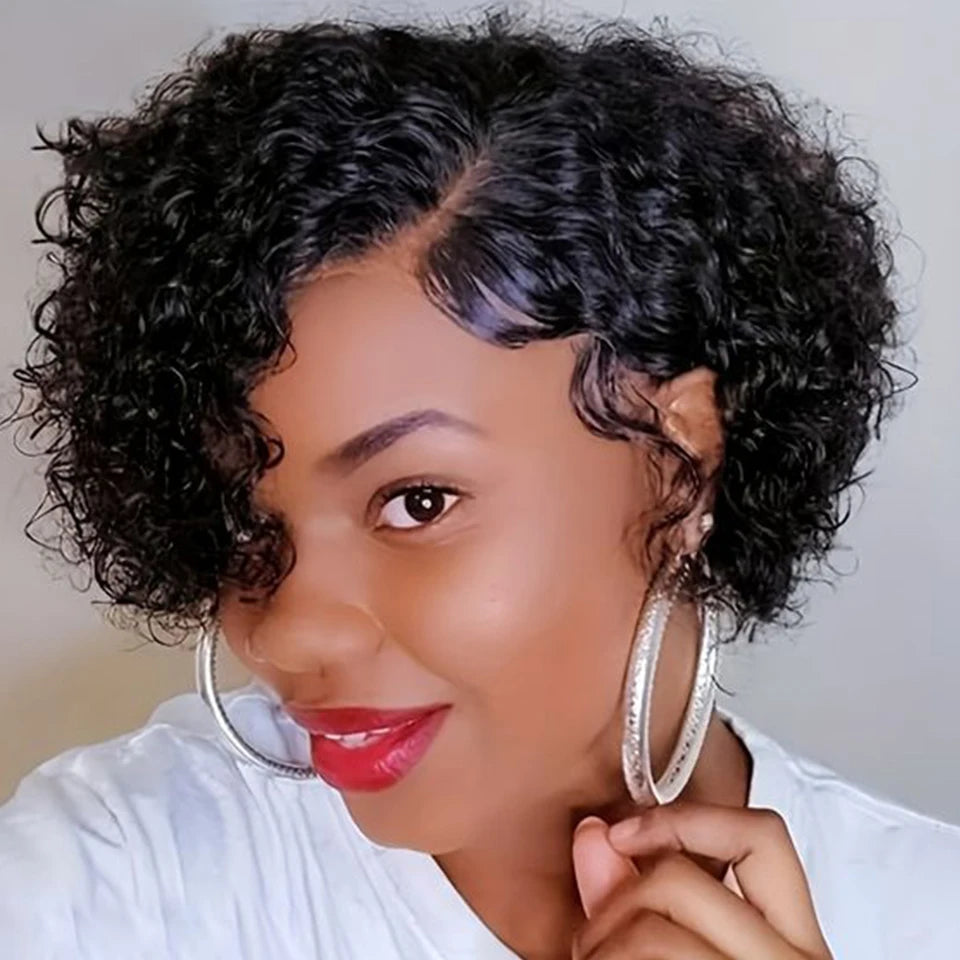 JNETTE CHANEL short curly bob lace front wig with preplucked hairline, made of human Peruvian hair, ideal for natural-looking style.