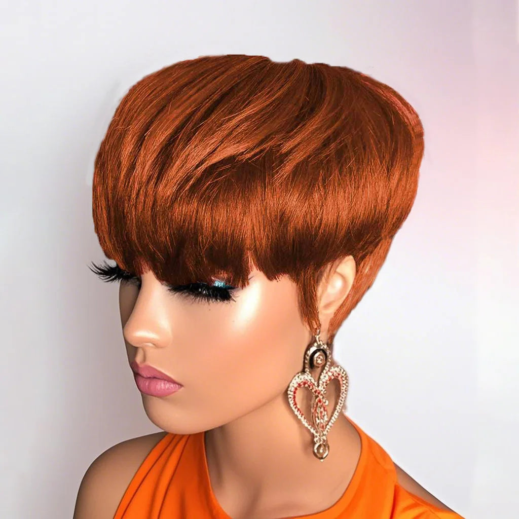 JNETTE CHANEL pixie cut human hair wig with bangs, lace front style, showcasing short, layered hairstyle with natural texture.