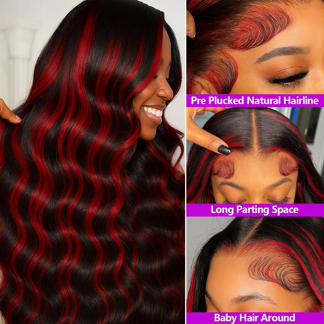 Black and red ombré human lace front wig with body wave texture from JNETTE CHANEL, showcasing the glueless lace front design.