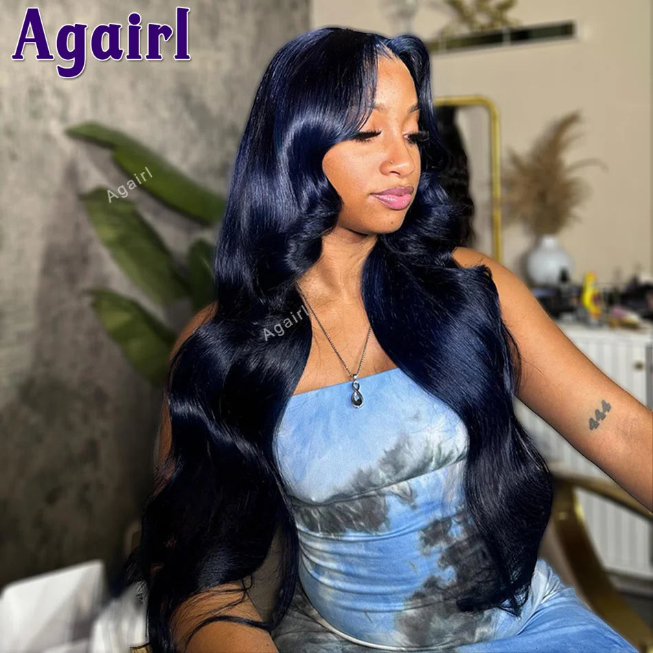 Midnight blue human hair lace front wig with body wave texture, pre-plucked hairline, by JNETTE CHANEL, for natural-looking styling.