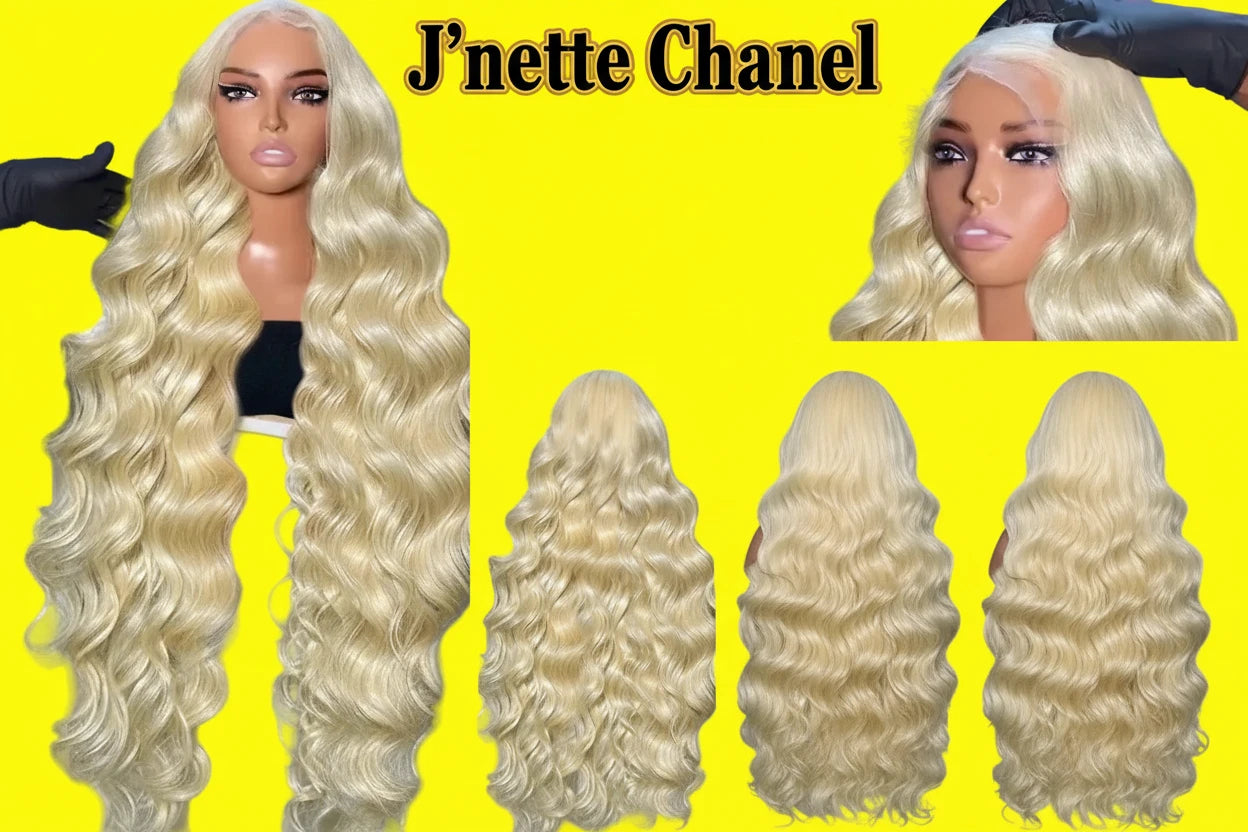 JNETTE CHANEL lace front pre-plucked body wave human hair wig with natural hairline and soft, flowing waves.