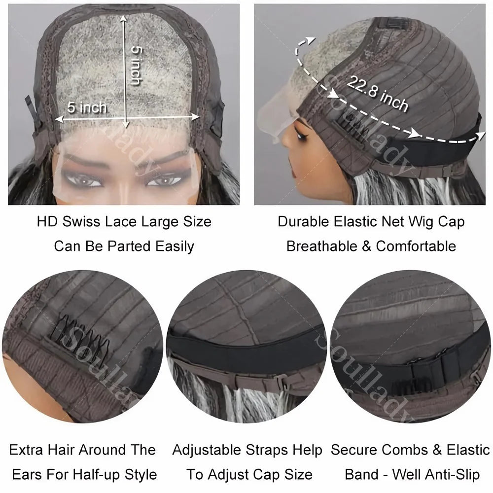 JNETTE CHANEL glueless lace front straight bob salt and pepper human hair wig with natural hair texture and lace front design.