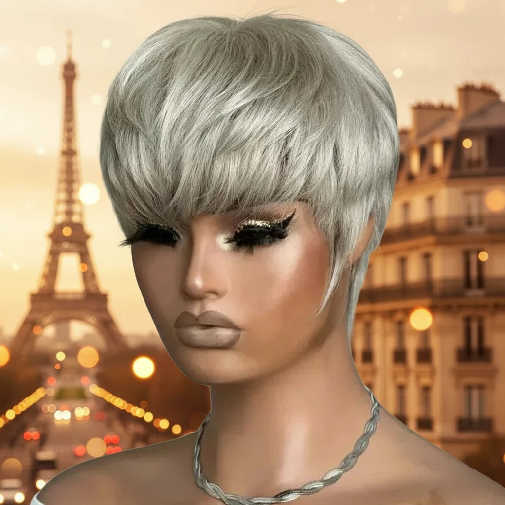 Grey pixie cut human hair wig with layered lace design by JNETTE CHANEL, showcasing short, textured style for a modern look.
