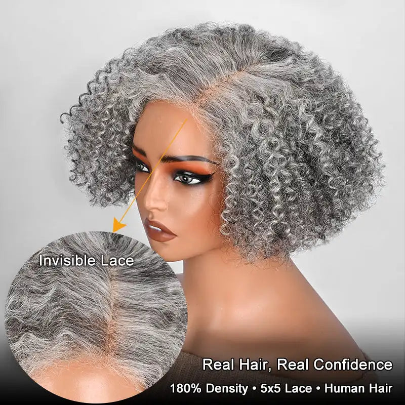 Glueless Curly Bob Salt And Pepper Human Hair Wigs