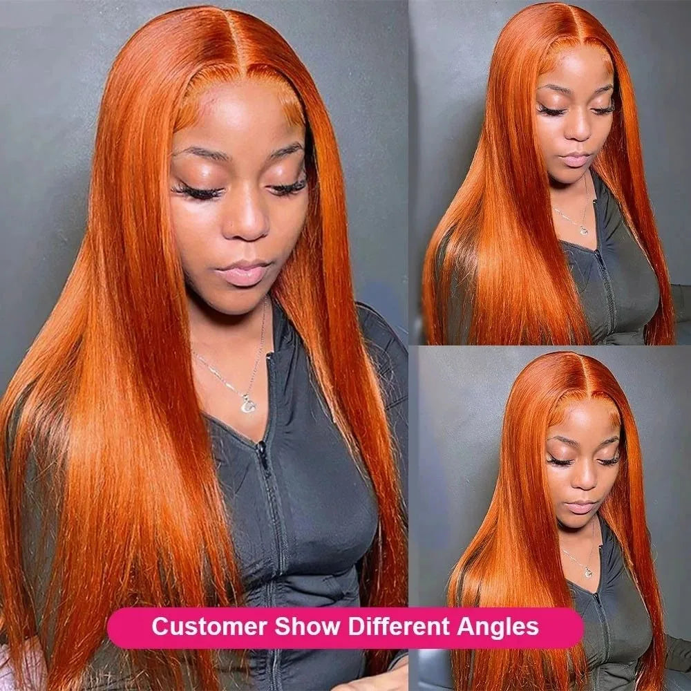 Lace Front HD Brazilian Human Hair Ginger Orange  Straight Wigs