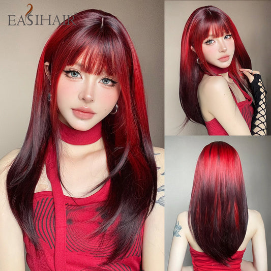 Synthetic Heat Resistant Ombre Long Straight Layered with Bangs Wigs