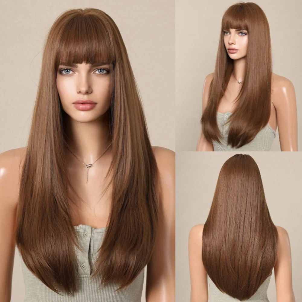 Synthetic Heat Resistant Ombré Layered Straight with Bangs Wigs