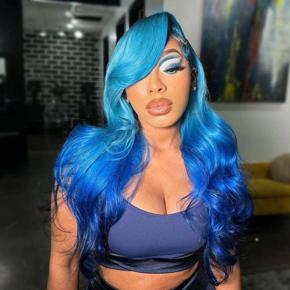Lace Front Blue Straight Human Hair Wigs