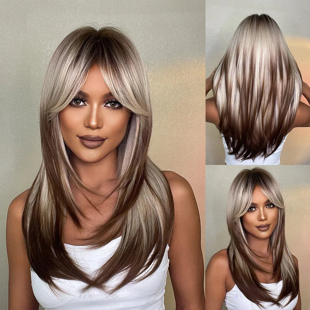 Synthetic Heat Resistant Ombré Layered Straight with Bangs Wigs
