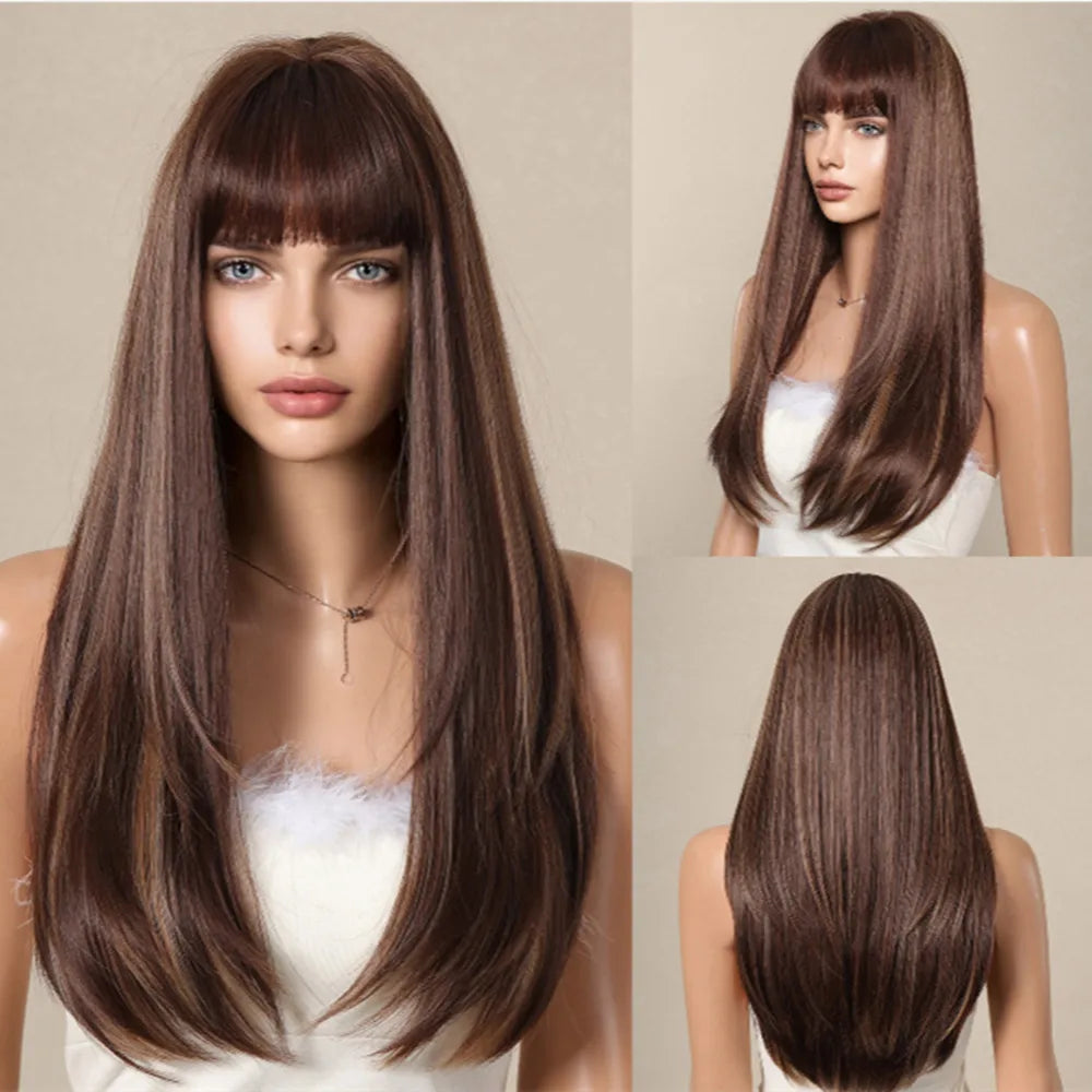 Synthetic Heat Resistant Ombré Layered Straight with Bangs Wigs