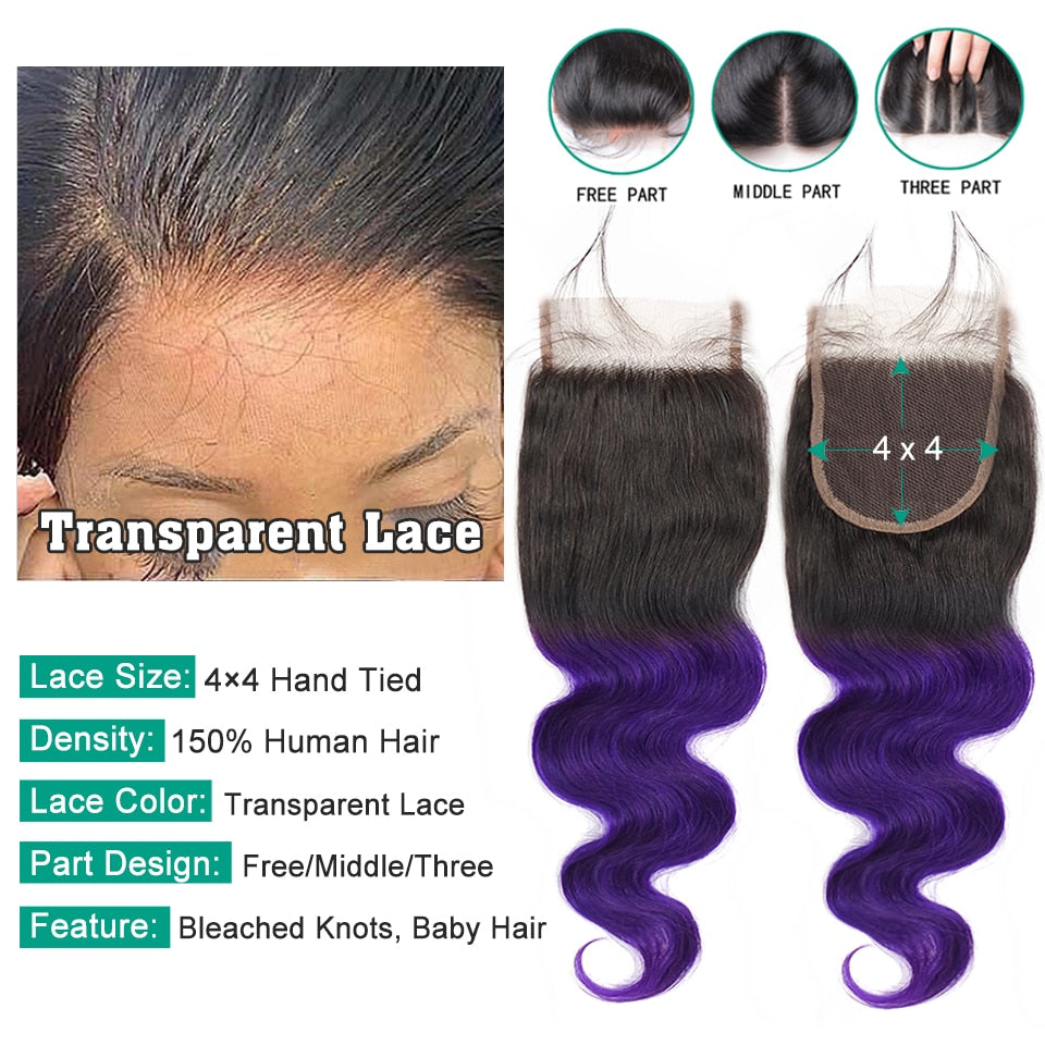Purple Body Wave Brazilian Human Hair Weave Bundles With Closure