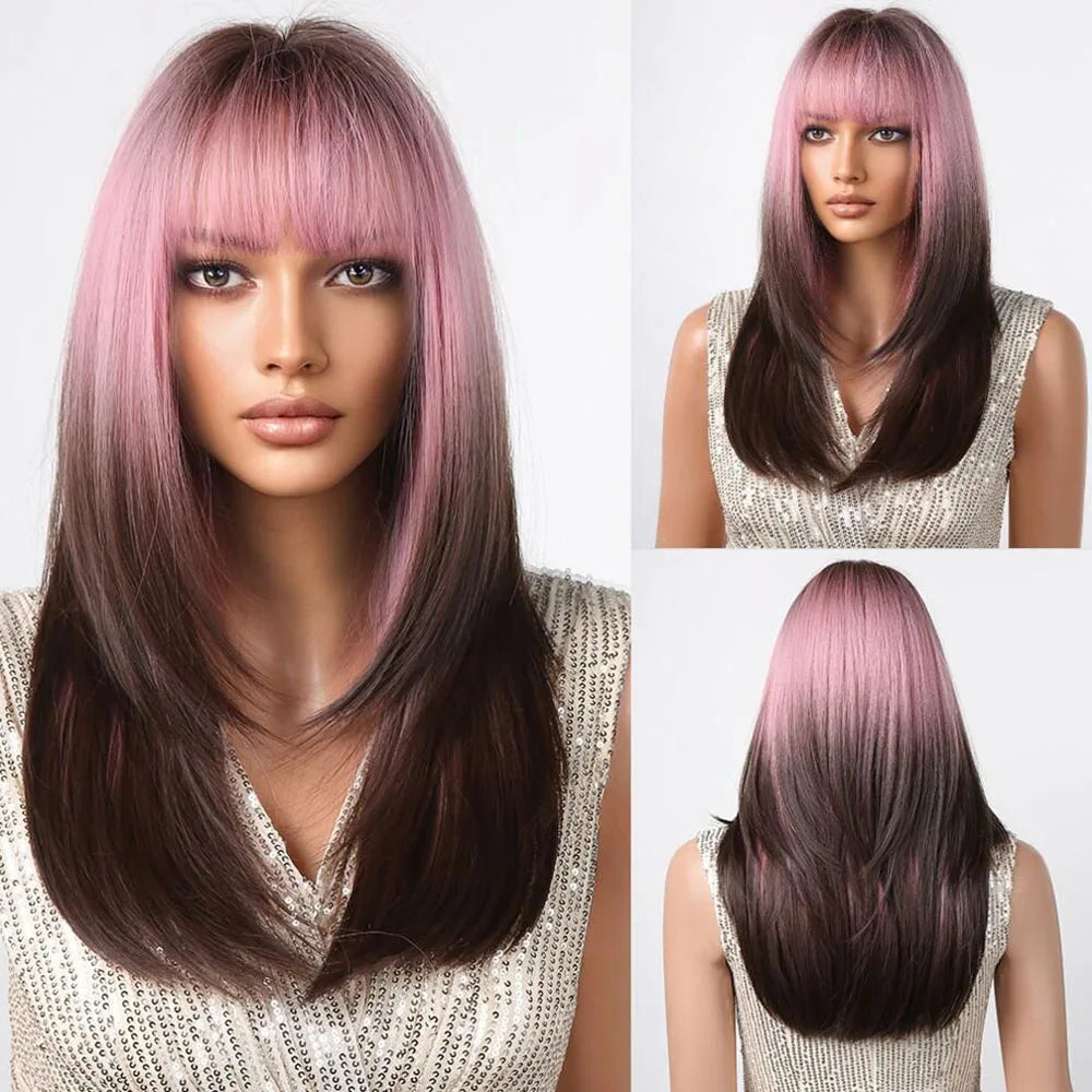Synthetic Heat Resistant Ombré Layered Straight with Bangs Wigs