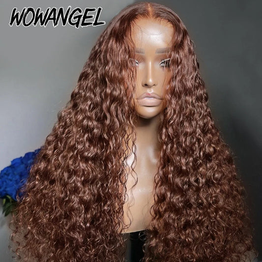 Lace front HD pre-plucked chocolate brown human hair wig by JNETTE CHANEL, showcasing natural hairline and wavy texture.