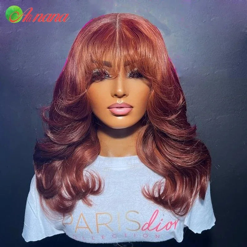 Brazilian Remy human hair lace front body wave wig with bangs, styled on a model showcasing natural hair texture and layered cut.