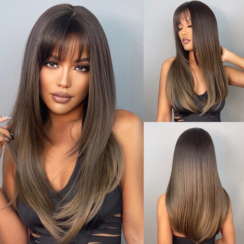 Synthetic Heat Resistant Ombré Layered Straight with Bangs Wigs