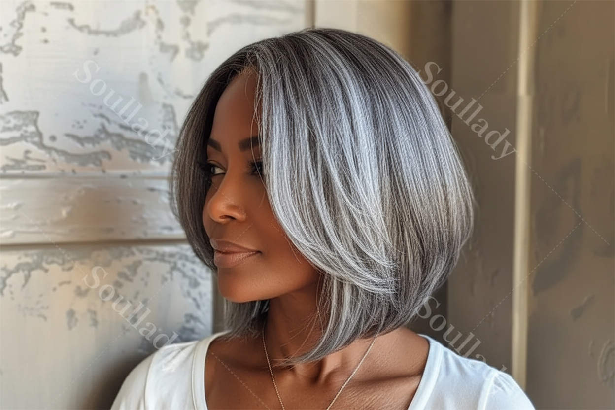 JNETTE CHANEL salt and pepper glueless lace front straight bob wig made of human hair, showing the natural hairline and texture.