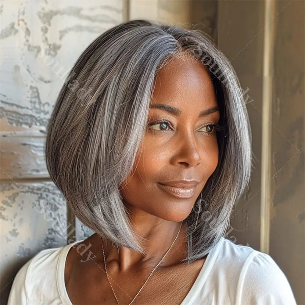 JNETTE CHANEL glueless lace front straight bob salt and pepper human hair wig, showing the sleek, natural-looking hair with lace front detail.